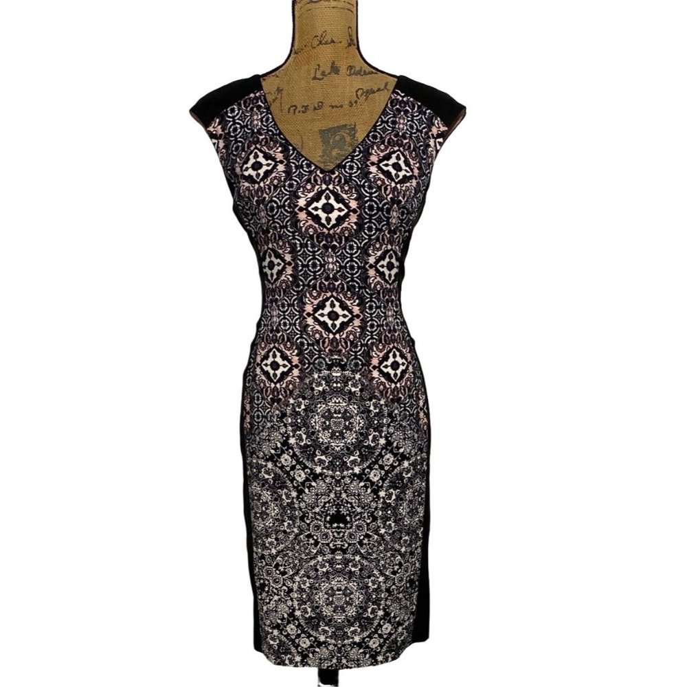 London Times 10‎ Sheath Dress Black Colorblock Mosaic Print Multicolor Pretty